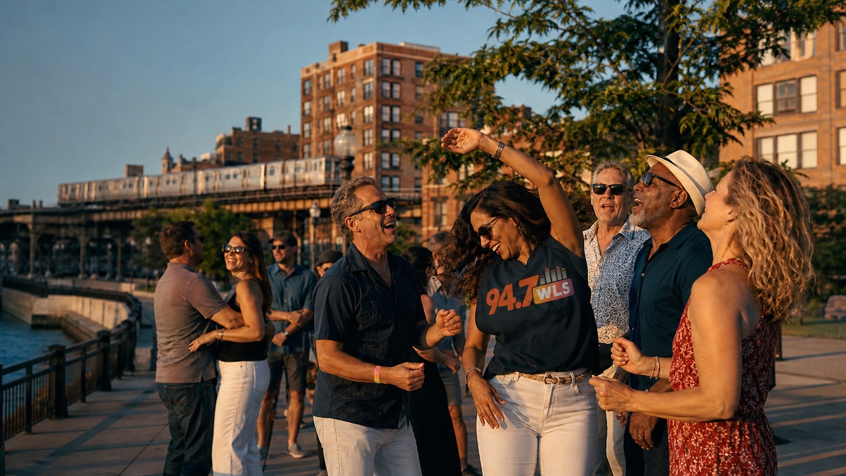Friends dancing together by the Chicago lakefront, including a fan wearing a 94.7 WLS shirt